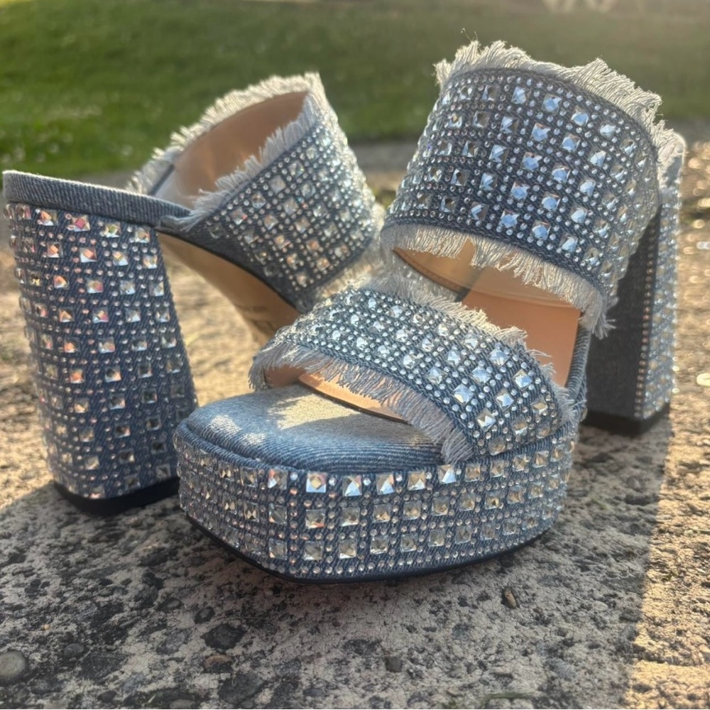Powder Blue Denim Platform Heels with Adorable Crystal Embellished Bling Bling